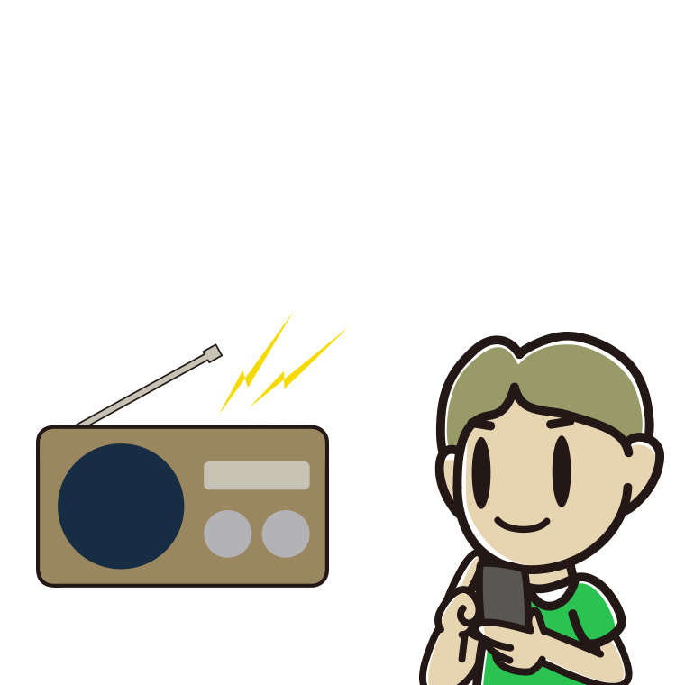 ラジオを聴きながらスマホを使う小学生男子のイラスト【色あり、背景なし】透過PNG