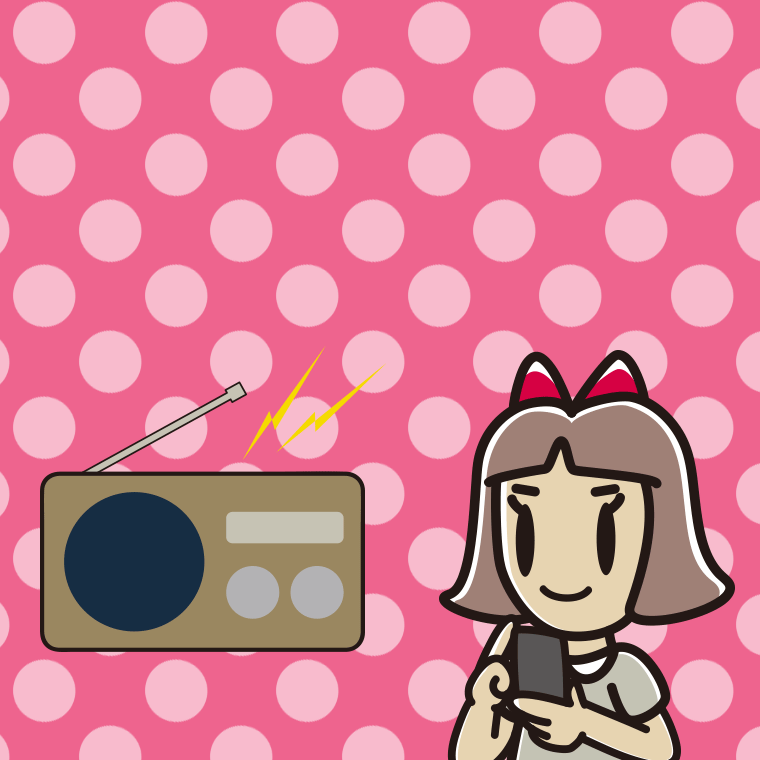 ラジオを聴きながらスマホを使う小学生女子のイラスト【色、背景あり】PNG