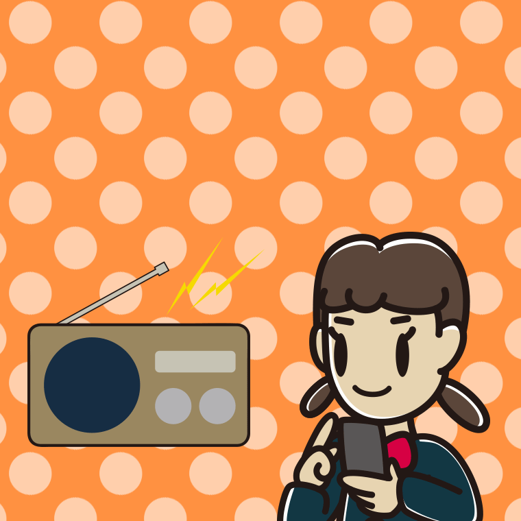 ラジオを聴きながらスマホを使う女子中学生のイラスト【色、背景あり】PNG