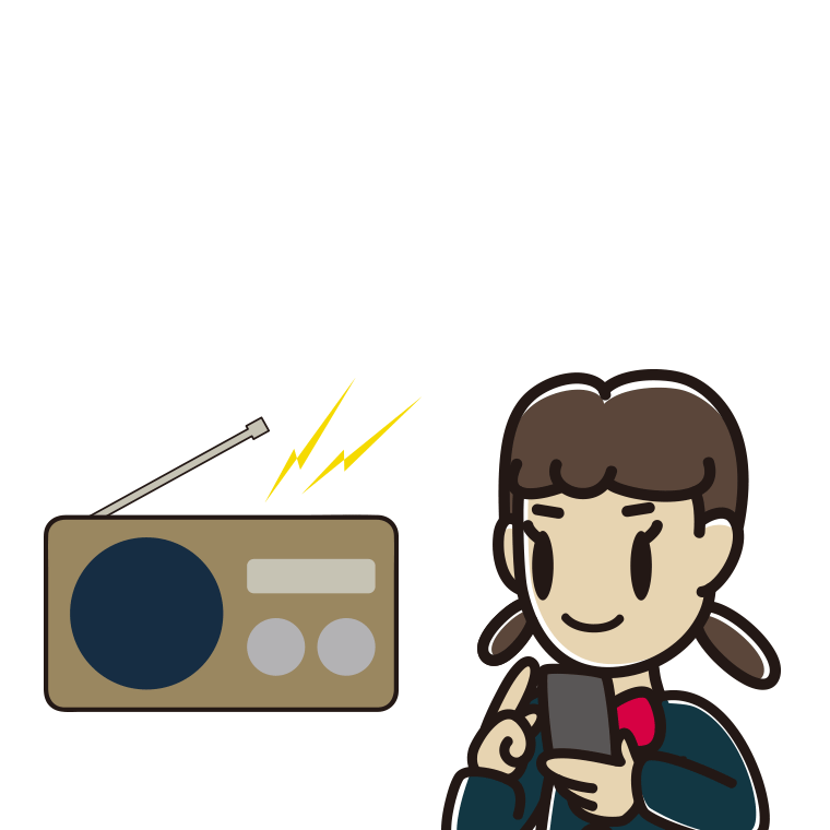 ラジオを聴きながらスマホを使う女子中学生のイラスト【色あり、背景なし】透過PNG