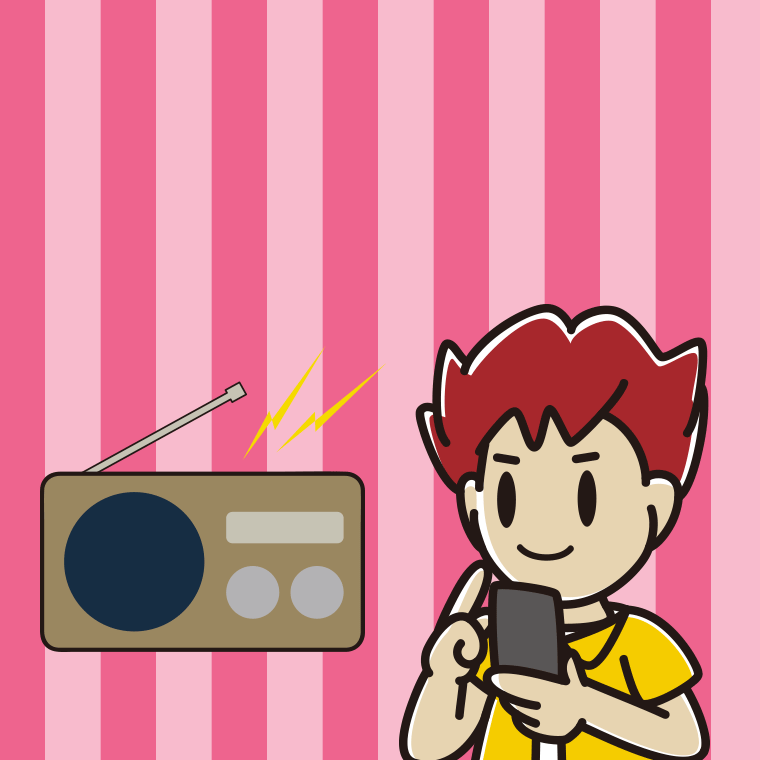 ラジオを聴きながらスマホを使う男子大学生のイラスト【色、背景あり】PNG