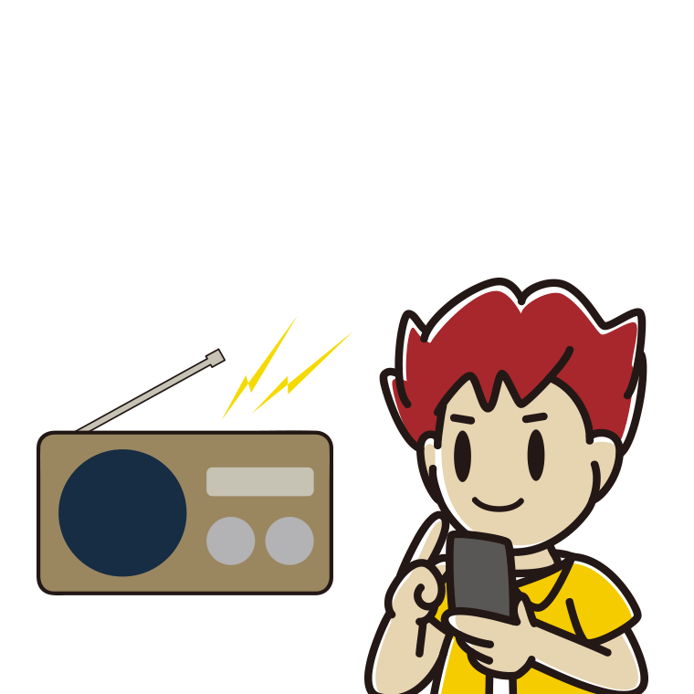 ラジオを聴きながらスマホを使う男子大学生のイラスト【色あり、背景なし】透過PNG