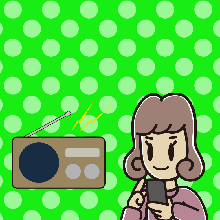 ラジオを聴きながらスマホを使う女子大学生のイラスト【色、背景あり】PNG