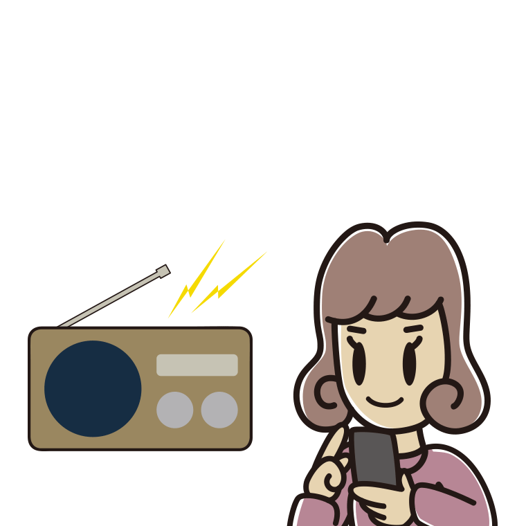 ラジオを聴きながらスマホを使う女子大学生のイラスト【色あり、背景なし】透過PNG