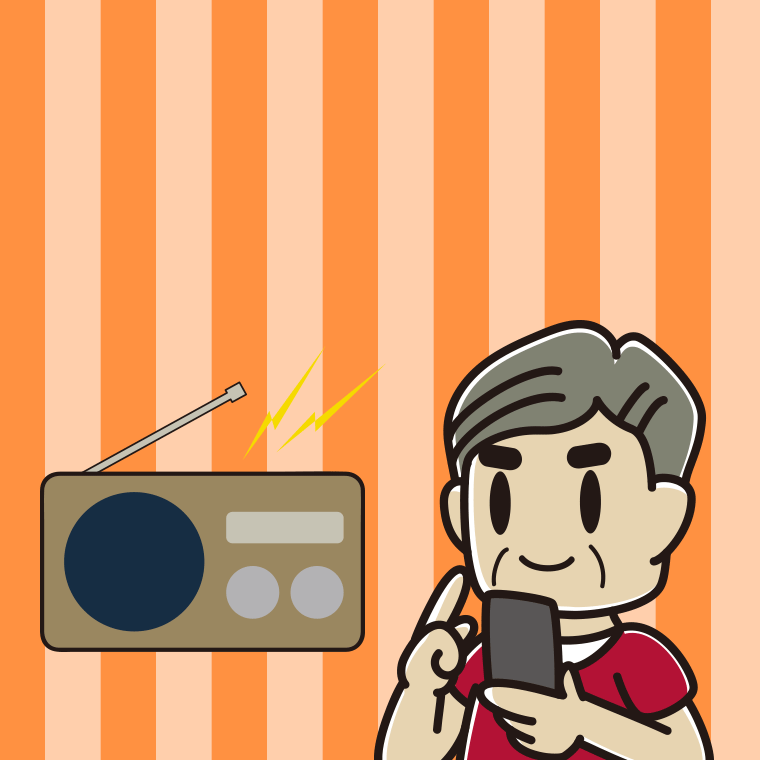 ラジオを聴きながらスマホを使うおじさんのイラスト【色、背景あり】PNG