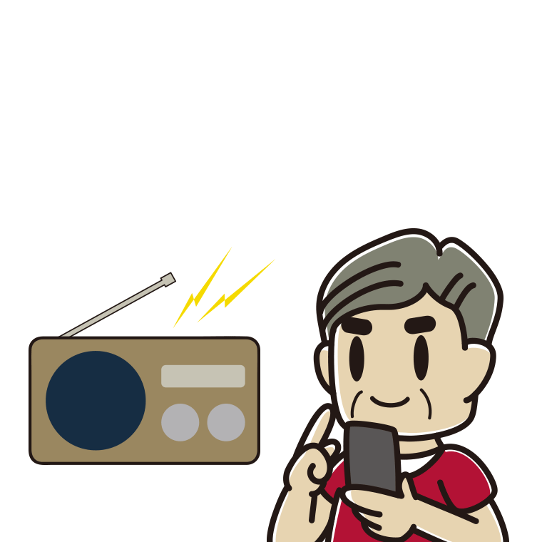 ラジオを聴きながらスマホを使うおじさんのイラスト【色あり、背景なし】透過PNG