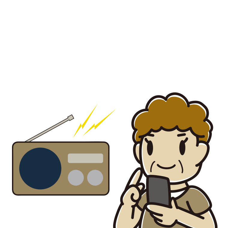 ラジオを聴きながらスマホを使うおばさんのイラスト【色あり、背景なし】透過PNG