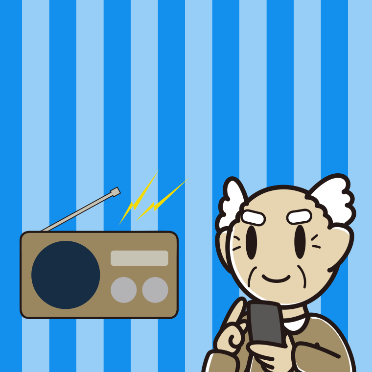 ラジオを聴きながらスマホを使うおじいさんのイラスト【色、背景あり】PNG