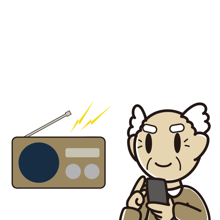 ラジオを聴きながらスマホを使うおじいさんのイラスト【色あり、背景なし】透過PNG