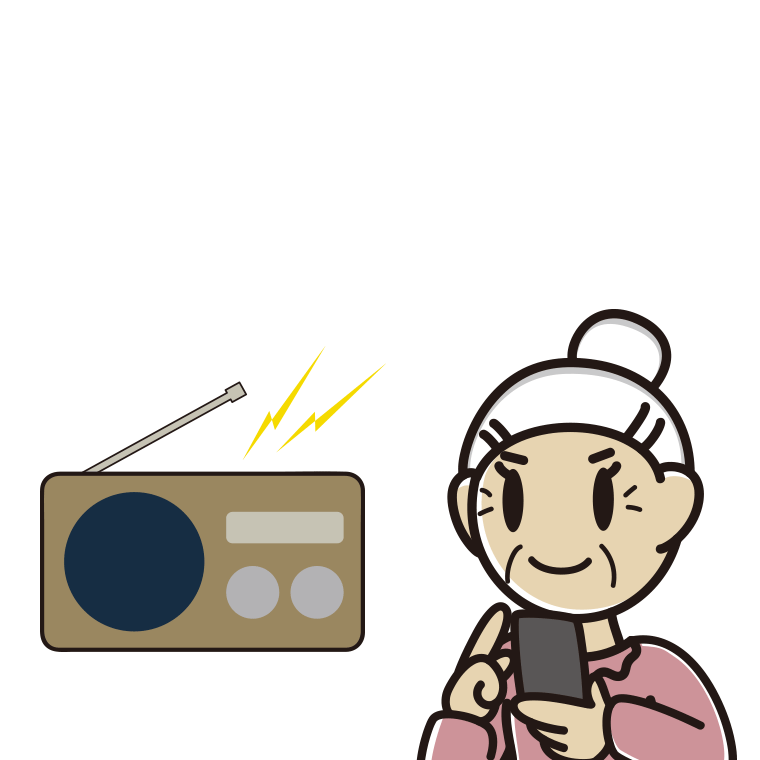 ラジオを聴きながらスマホを使うおばあさんのイラスト【色あり、背景なし】透過PNG
