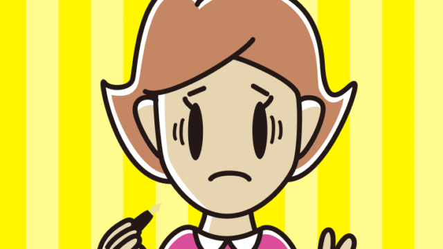 万年筆を持って困る女性のイラスト【色、背景あり】PNG