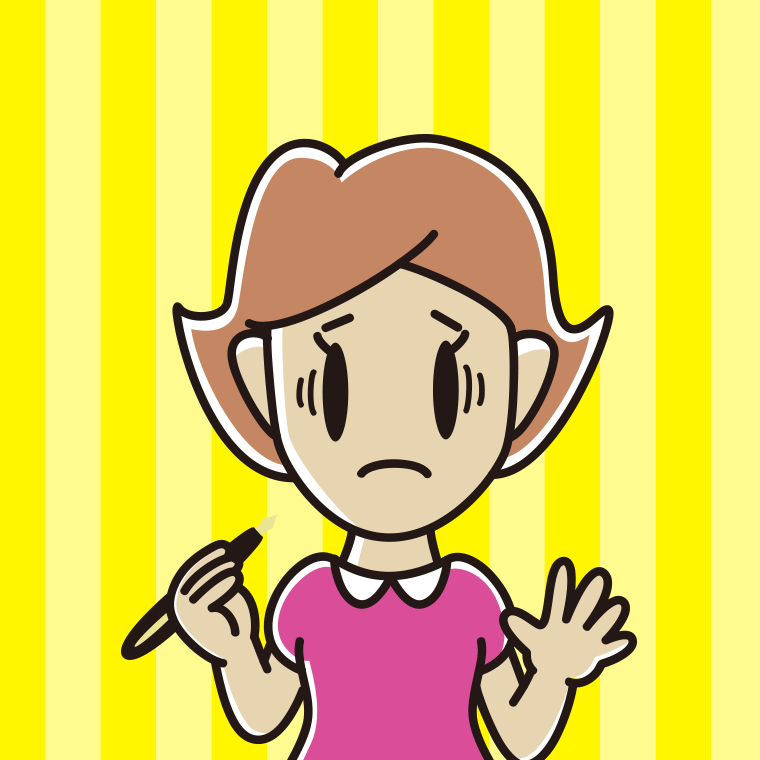 万年筆を持って困る女性のイラスト【色、背景あり】PNG