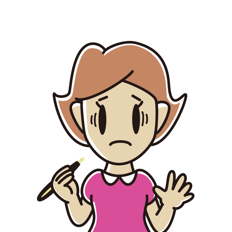 万年筆を持って困る女性のイラスト【色あり、背景なし】透過PNG