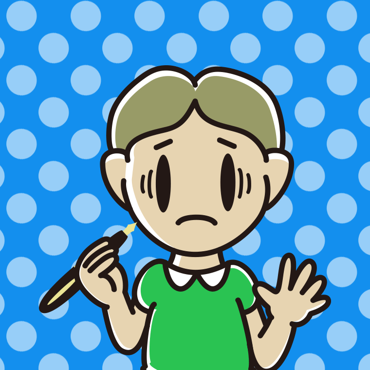万年筆を持って困る小学生男子のイラスト【色、背景あり】PNG