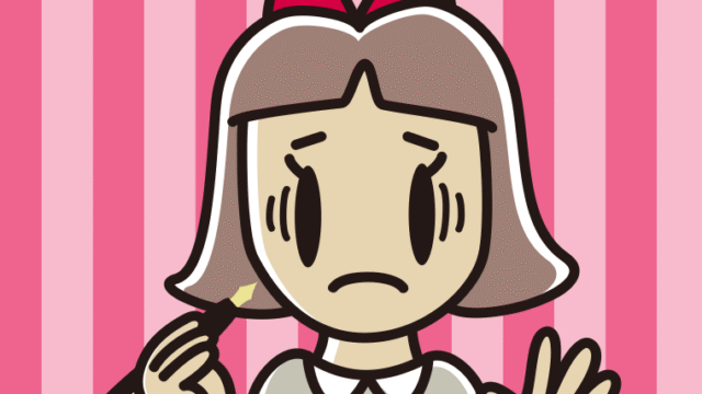 万年筆を持って困る小学生女子のイラスト【色、背景あり】PNG