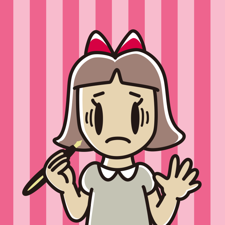 万年筆を持って困る小学生女子のイラスト【色、背景あり】PNG