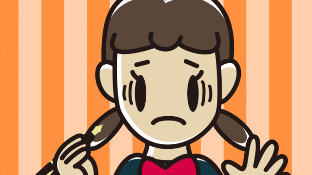 万年筆を持って困る女子中学生のイラスト【色、背景あり】PNG