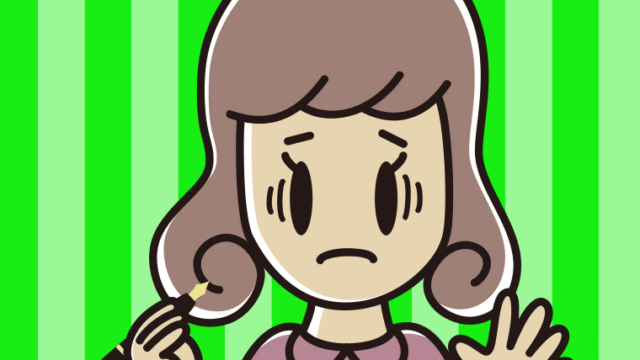 万年筆を持って困る女子大学生のイラスト【色、背景あり】PNG