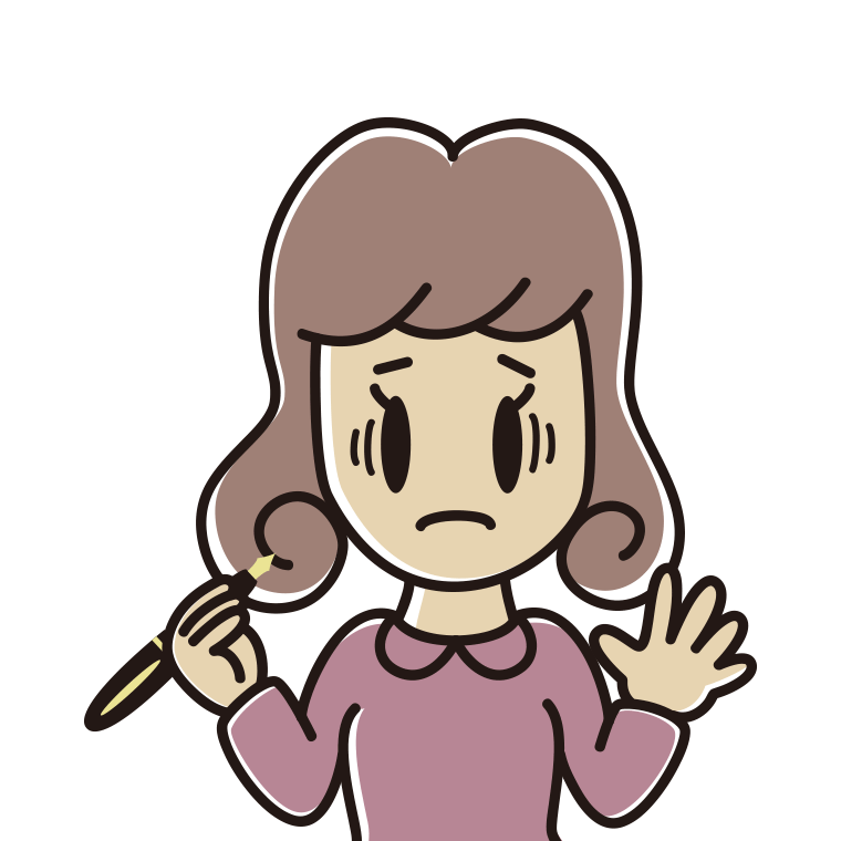万年筆を持って困る女子大学生のイラスト【色あり、背景なし】透過PNG