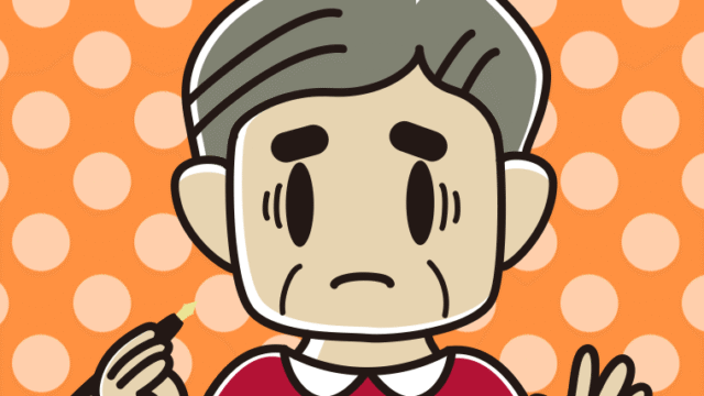 万年筆を持って困るおじさんのイラスト【色、背景あり】PNG