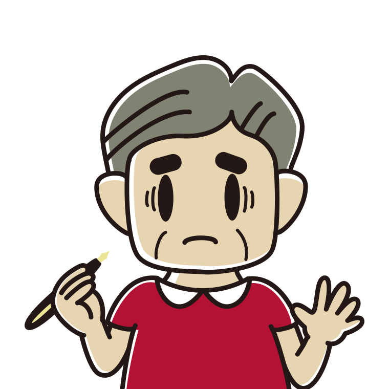 万年筆を持って困るおじさんのイラスト【色あり、背景なし】透過PNG