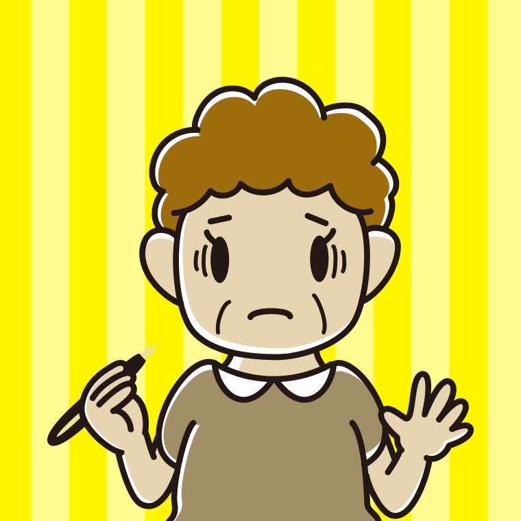 万年筆を持って困るおばさんのイラスト【色、背景あり】PNG