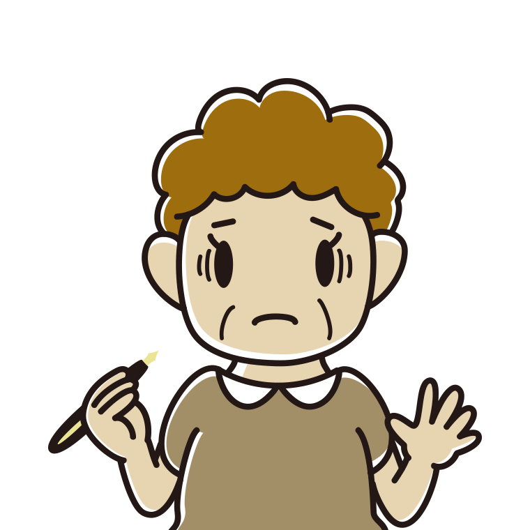 万年筆を持って困るおばさんのイラスト【色あり、背景なし】透過PNG