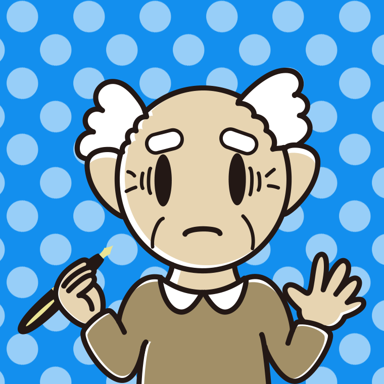 万年筆を持って困るおじいさんのイラスト【色、背景あり】PNG