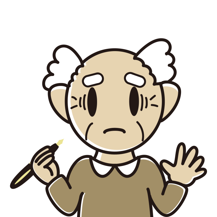 万年筆を持って困るおじいさんのイラスト【色あり、背景なし】透過PNG