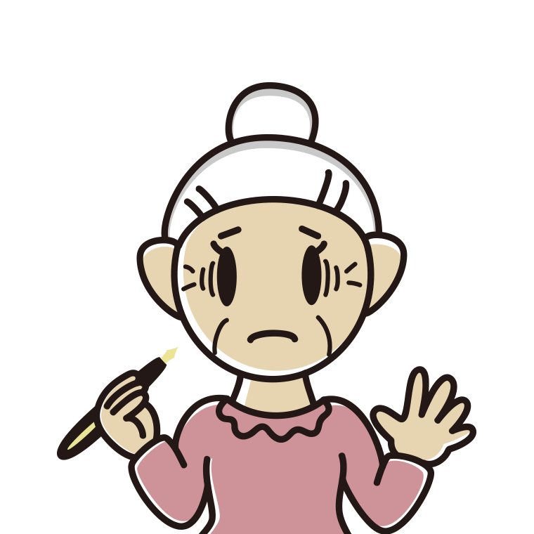 万年筆を持って困るおばあさんのイラスト【色あり、背景なし】透過PNG