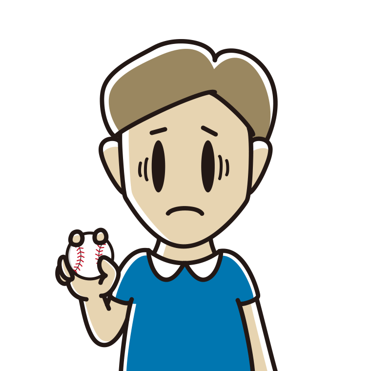 野球ボールで困る男性のイラスト【色あり、背景なし】透過PNG