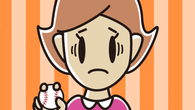 野球ボールで困る女性のイラスト【色、背景あり】PNG