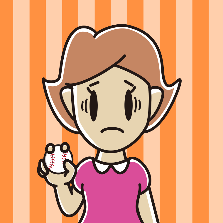 野球ボールで困る女性のイラスト【色、背景あり】PNG