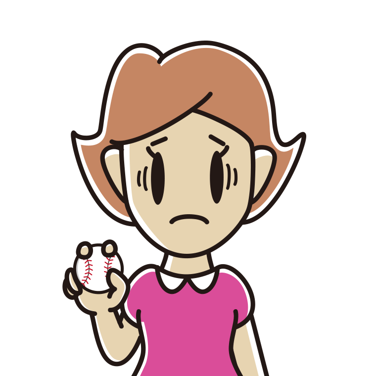 野球ボールで困る女性のイラスト【色あり、背景なし】透過PNG