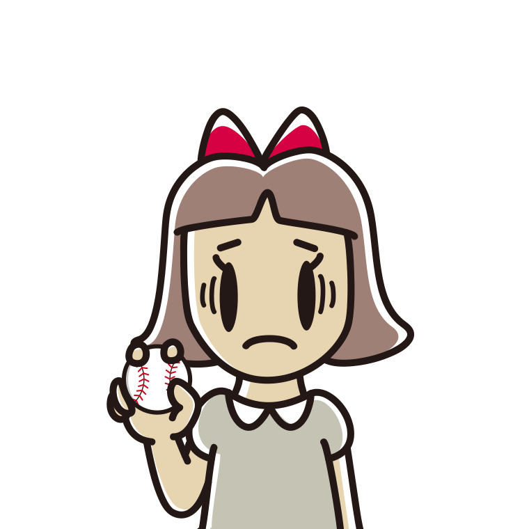 野球ボールで困る小学生女子のイラスト【色あり、背景なし】透過PNG