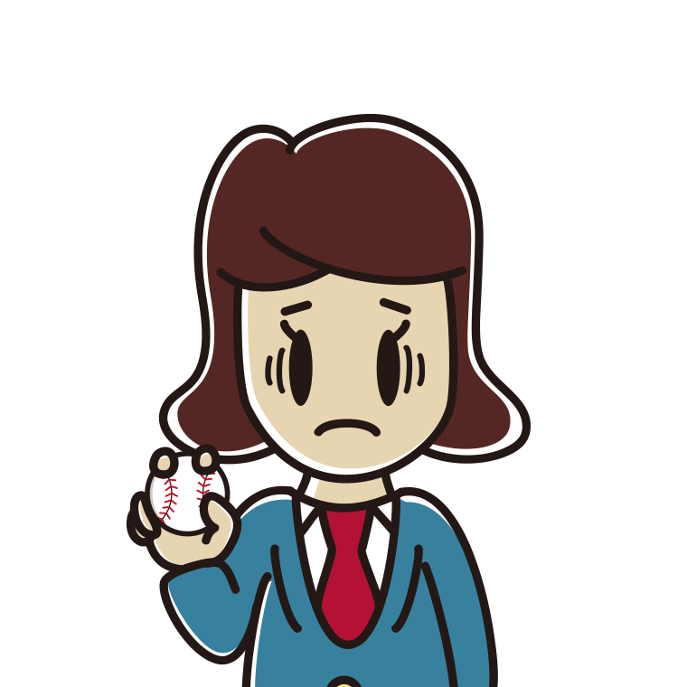 野球ボールで困る女子高校生のイラスト【色あり、背景なし】透過PNG