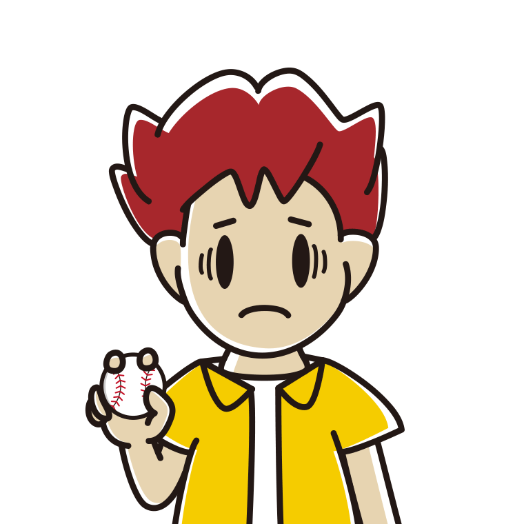 野球ボールで困る男子大学生のイラスト【色あり、背景なし】透過PNG
