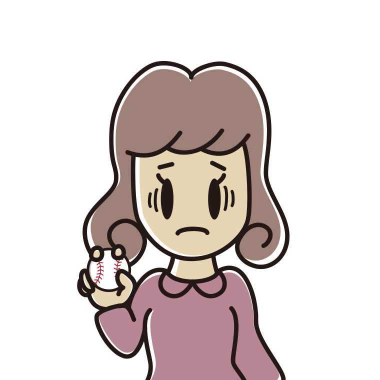 野球ボールで困る女子大学生のイラスト【色あり、背景なし】透過PNG