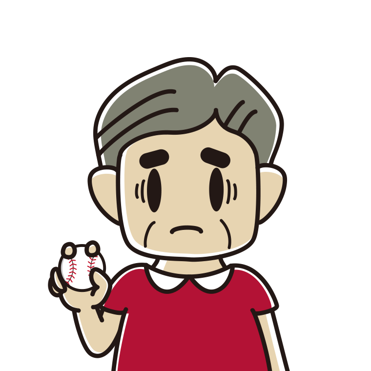 野球ボールで困るおじさんのイラスト【色あり、背景なし】透過PNG
