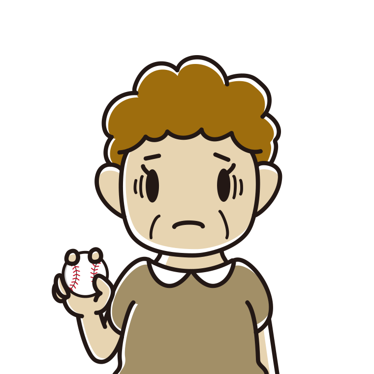 野球ボールで困るおばさんのイラスト【色あり、背景なし】透過PNG