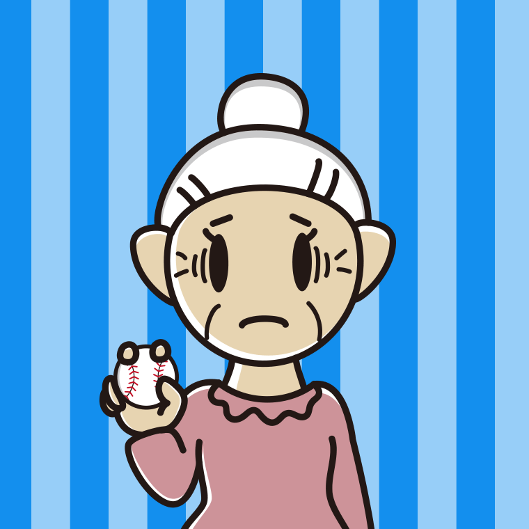 野球ボールで困るおばあさんのイラスト【色、背景あり】PNG