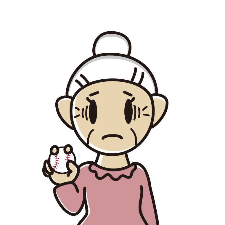野球ボールで困るおばあさんのイラスト【色あり、背景なし】透過PNG