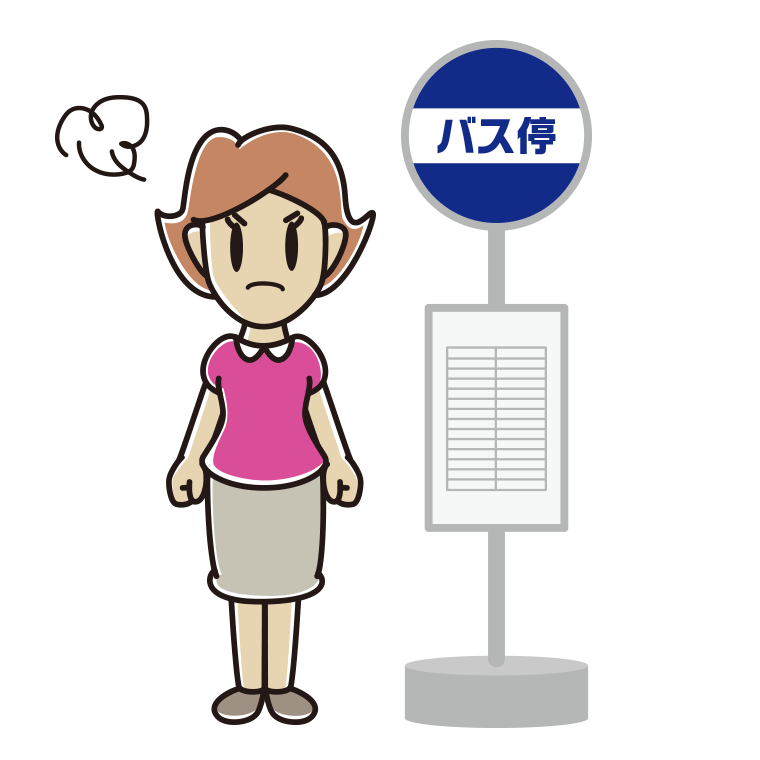 バス停で怒る女性のイラスト【色あり、背景なし】透過PNG