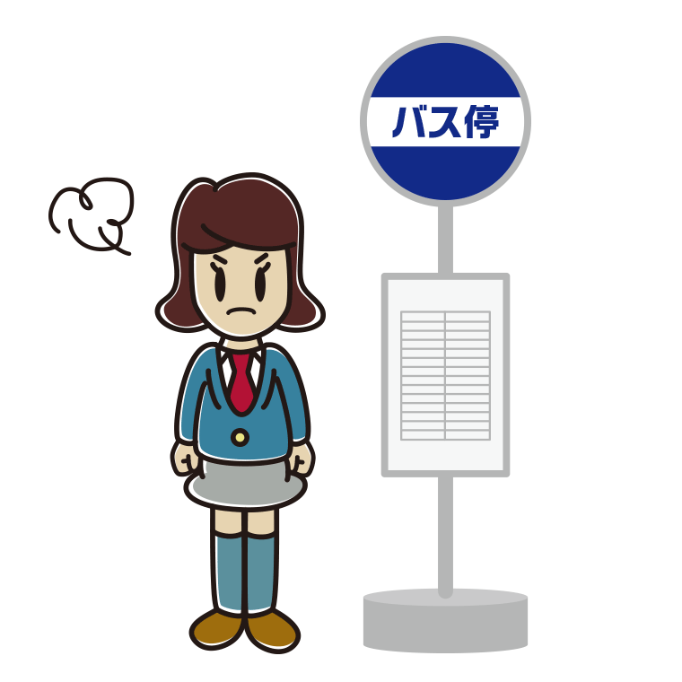 バス停で怒る女子高校生のイラスト【色あり、背景なし】透過PNG