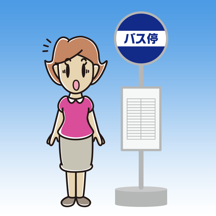 バス停で驚く女性のイラスト【色、背景あり】PNG