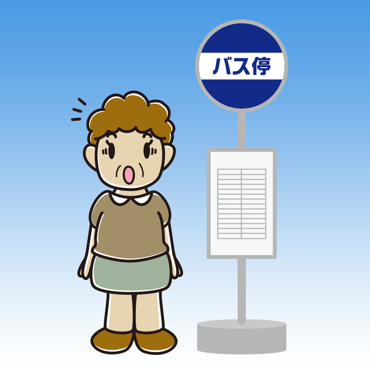 バス停で驚くおばさんのイラスト【色、背景あり】PNG