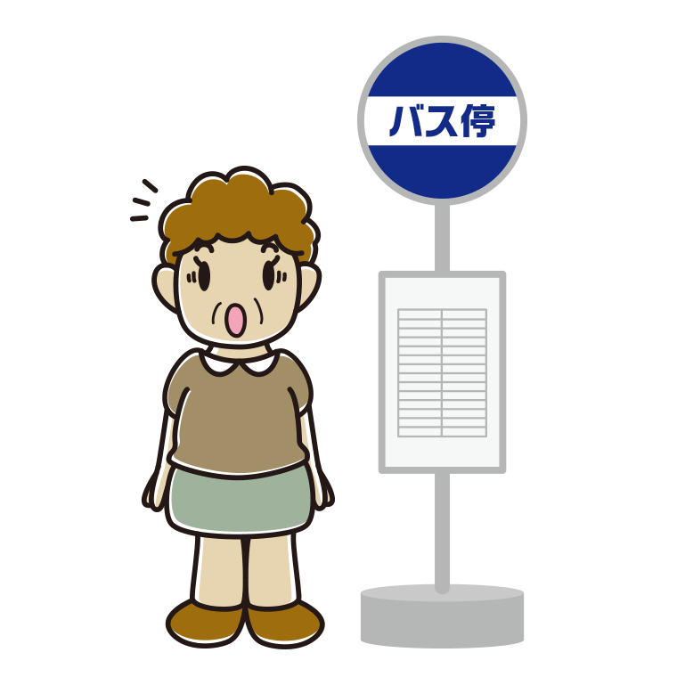 バス停で驚くおばさんのイラスト【色あり、背景なし】透過PNG