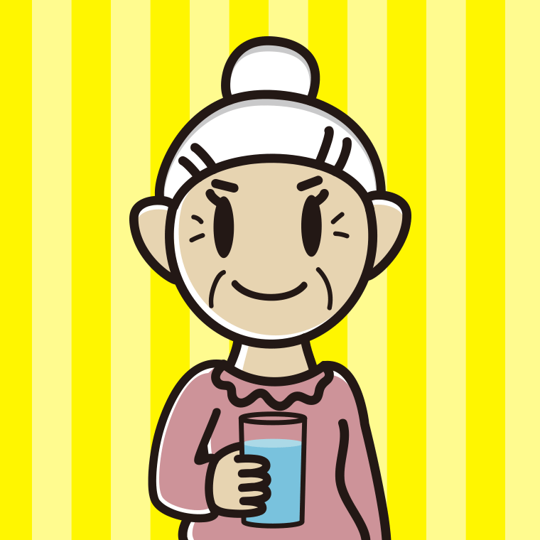 お水を飲むおばあさんのイラスト【色、背景あり】PNG