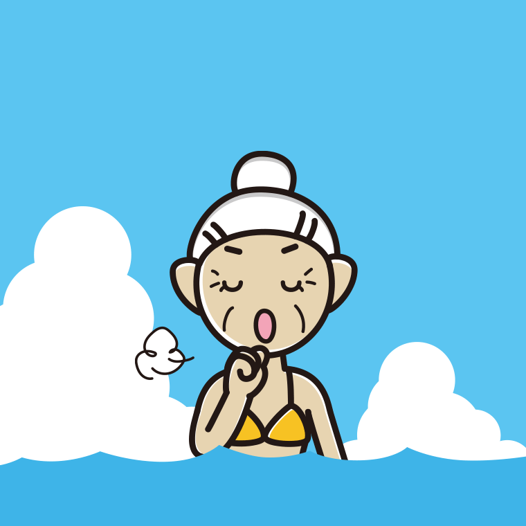 海に入って咳払いするおばあさんのイラスト【色、背景あり】PNG