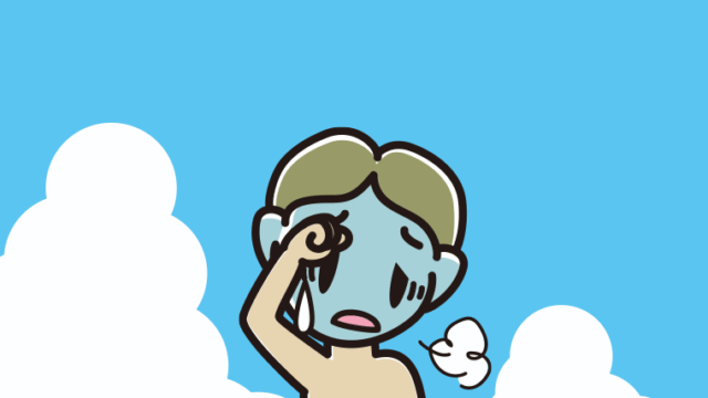 海に入って具合が悪い小学生男子のイラスト【色、背景あり】PNG